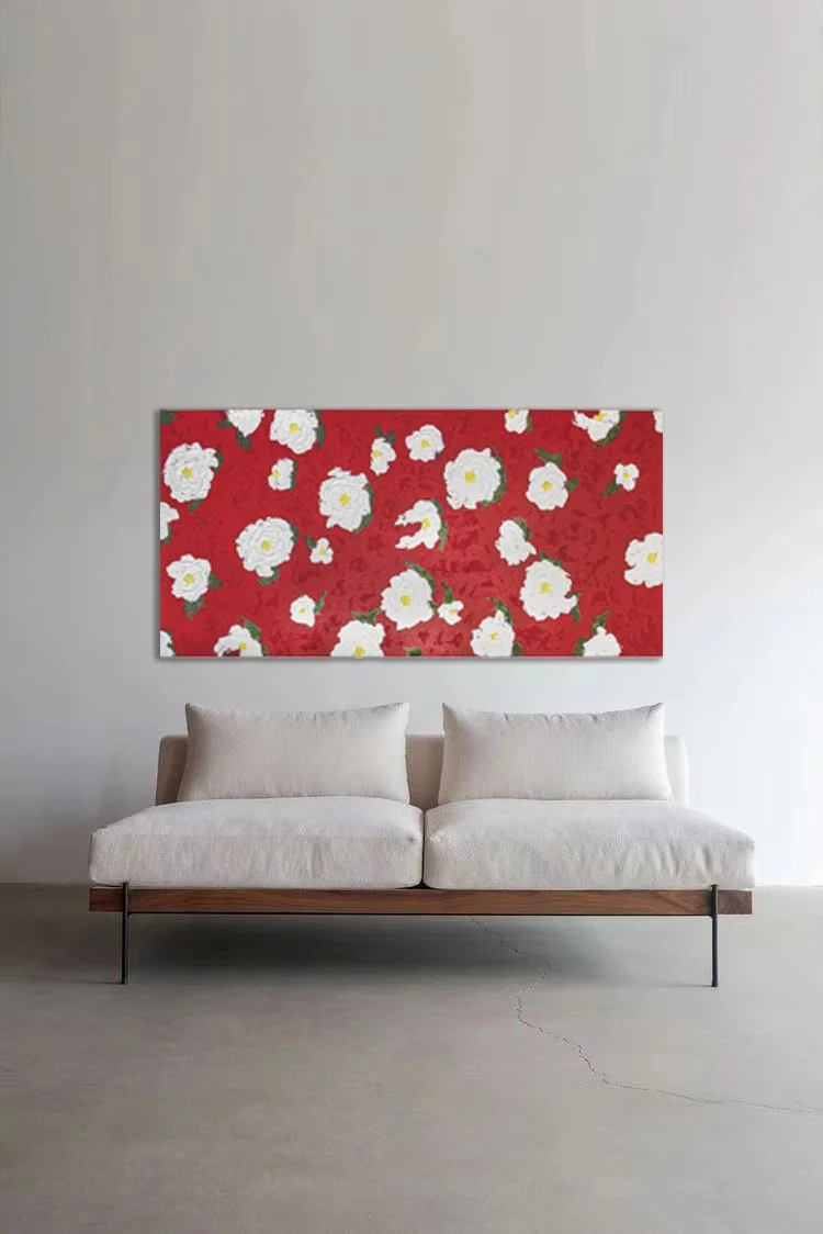 AH066-1 - Coco Camellia Thick Color Hand-Painted Art Screen Wall-Mounted Extra-Large Decorative Painting Living Room Oil Painting Horizontal Sofa