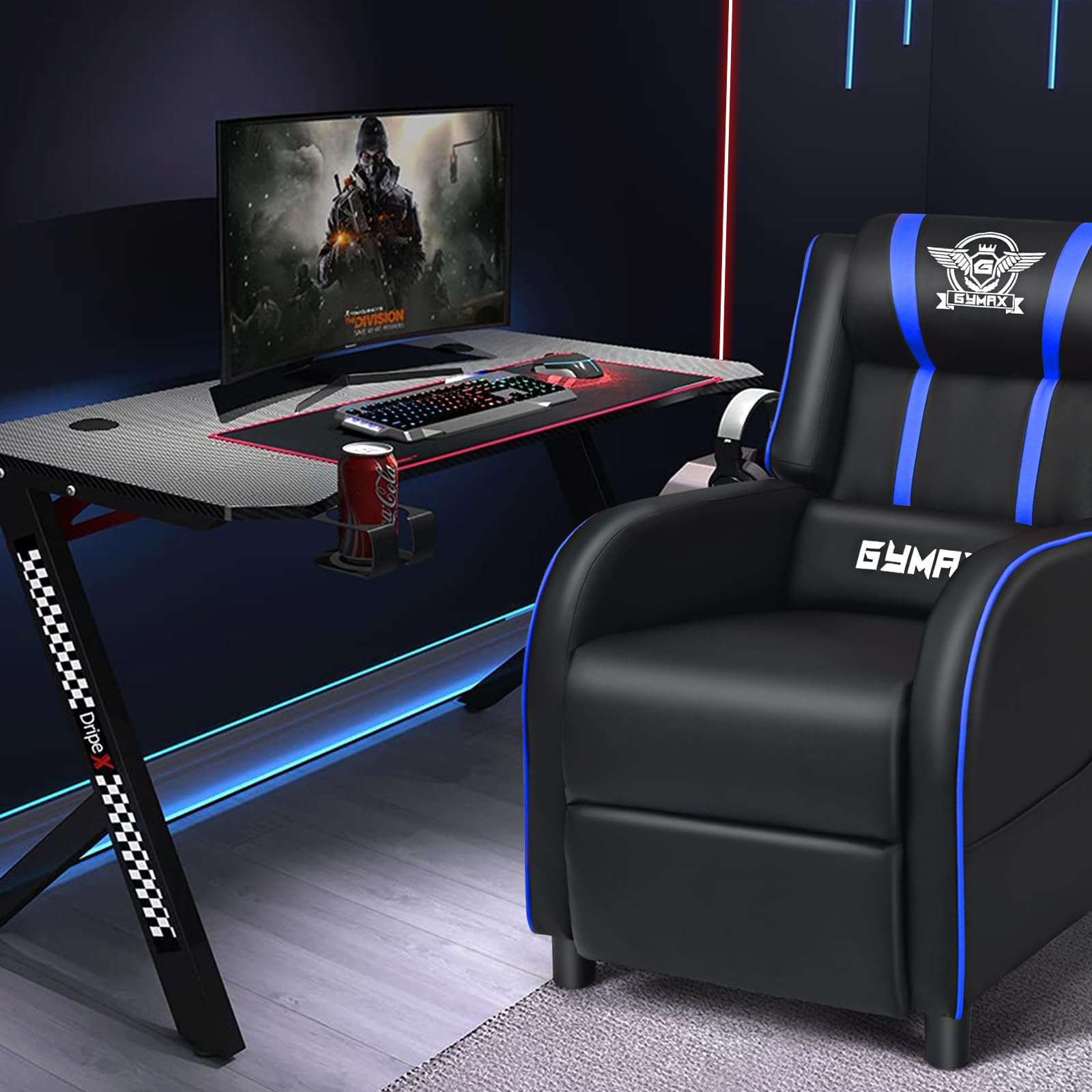 GYMAX Gaming Recliner, Massage Gaming Chair w/Adjustable Footrest, Remote Control & Side Pocket, Ergonomic Game Lounge Chair, Racing Style Single Theater Seat Game Sofa for Adults (Blue)