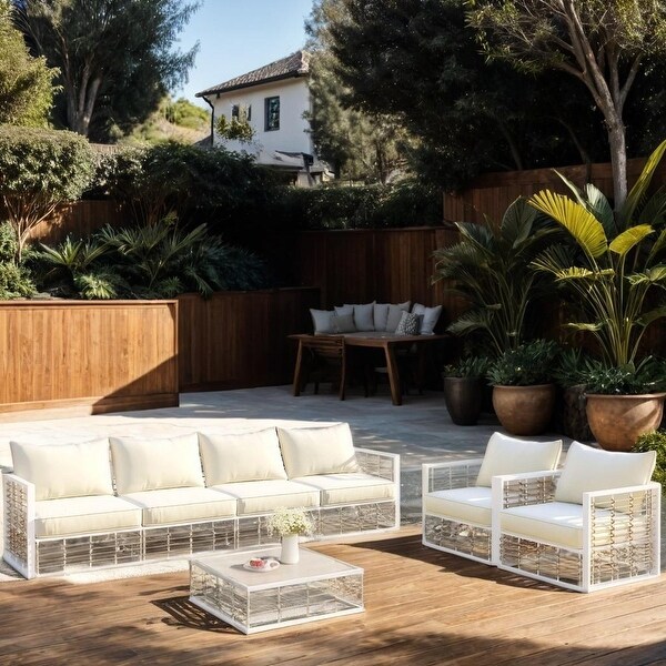 7Piece Metal Patio Sectional Sofa Set with Coffee Table,AllWeather Garden Conversational Set with Thick Cushions,White
