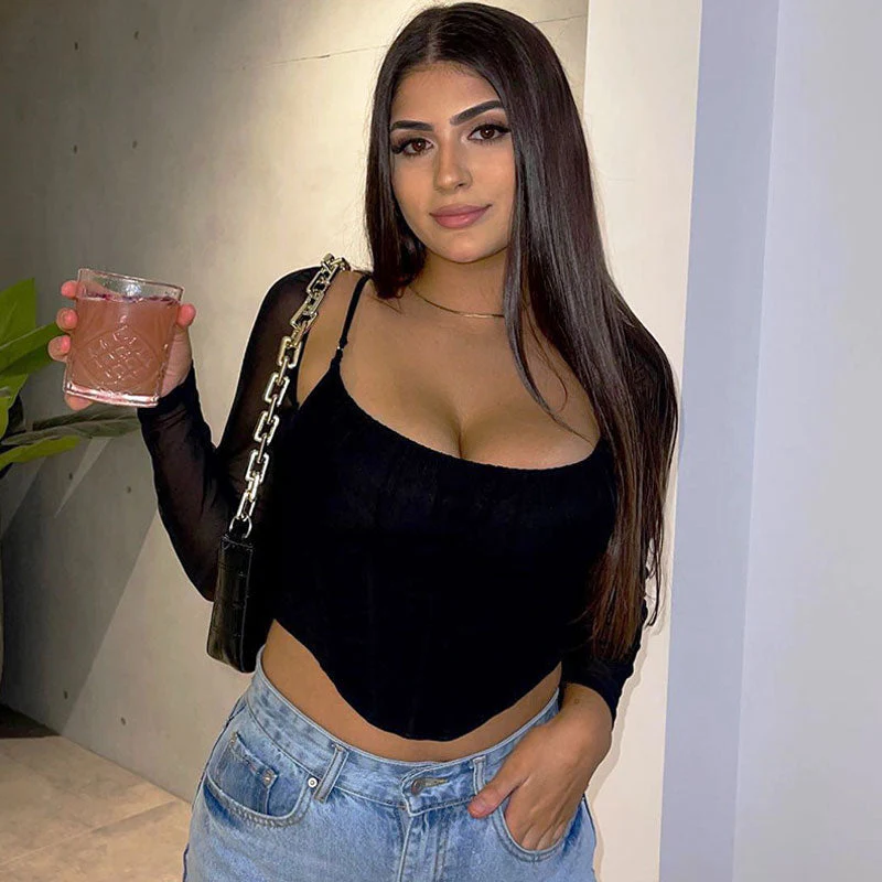 Corset Mesh Top Square Neck Ruched Long SleeveClistos