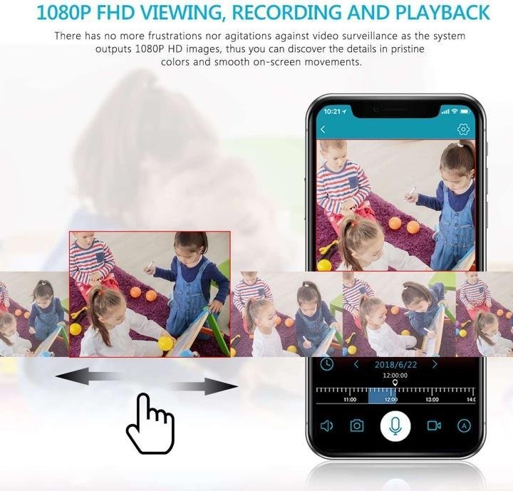 1080P Wireless System, 4CH FHD Wi-Fi NVR Video Surveillance System with 12”LCD Monitor, Automatic Screen Saver, 4X 1080P Outdoor IP Camera with IR Night Vision, 1TB Hard Drive Included