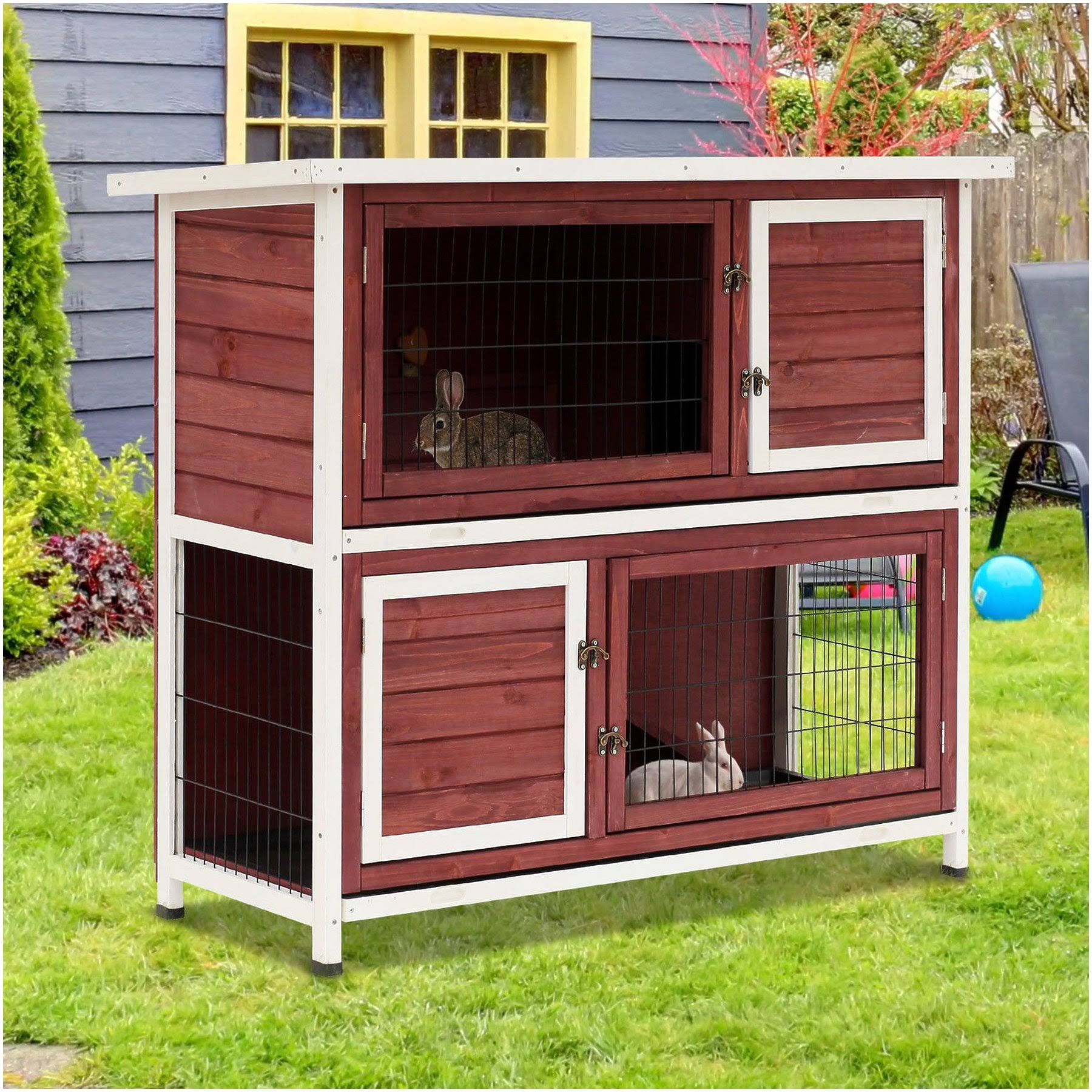 Pawhut 48x22 Enclosed 2 Story Wooden Rabbit Hutch with Pull Out Tray and Ramp, Brown