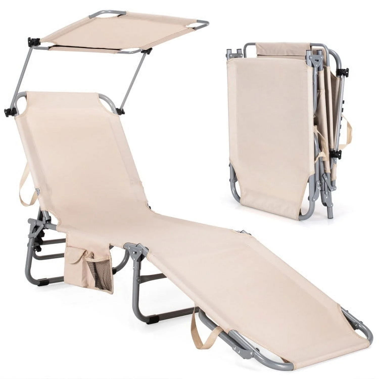 Outdoor Recliner Chair with Canopy and Side Pocket - 1 - 13.5 - Relax outdoors in style with comfort and convenience!