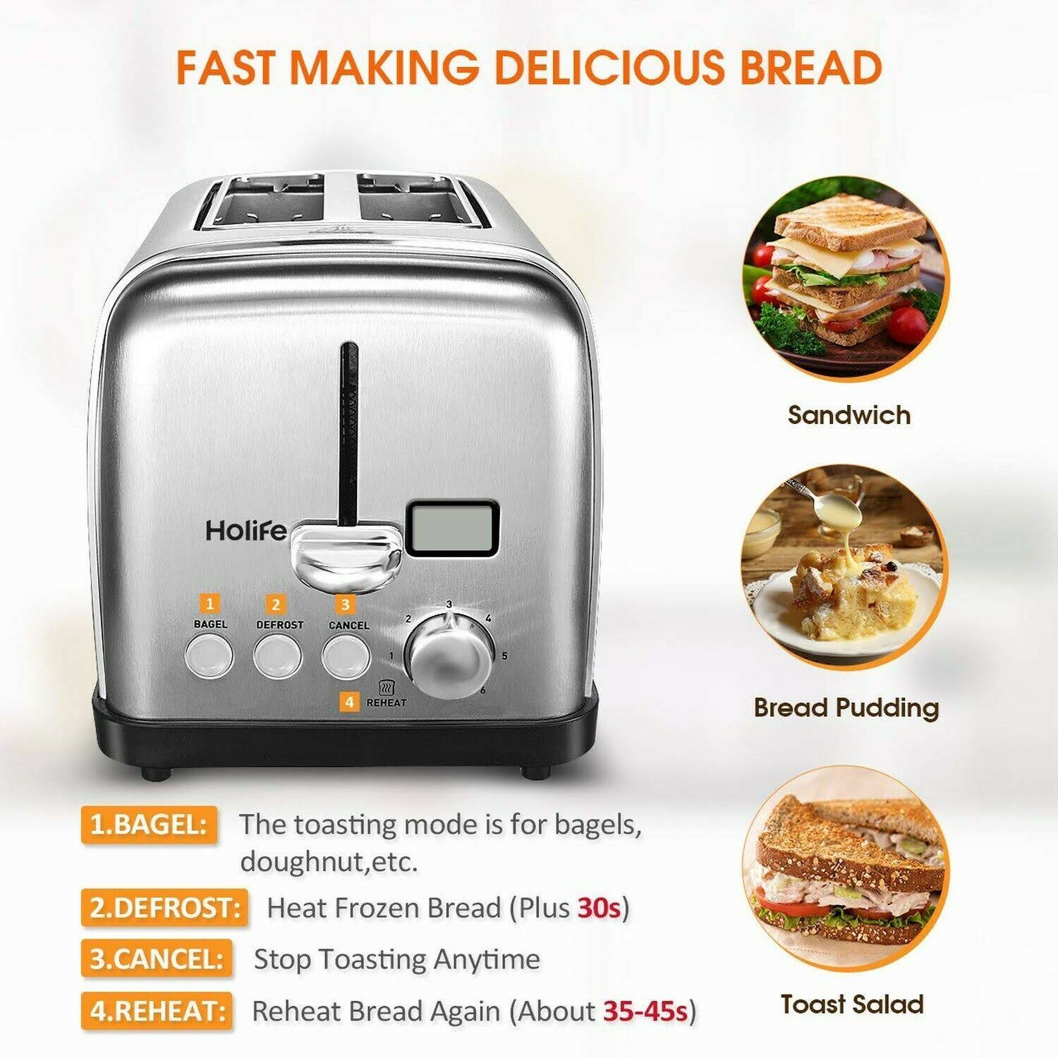 Holife 2 Slice Toaster Stainless Steel [LCD Timer Display] Bagel Toaster ( 6