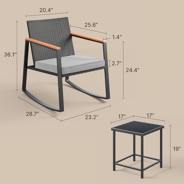 3 Piece Rocking Patio Bistro Set Wicker,Rocking Chair Pub Set with Glass Table
