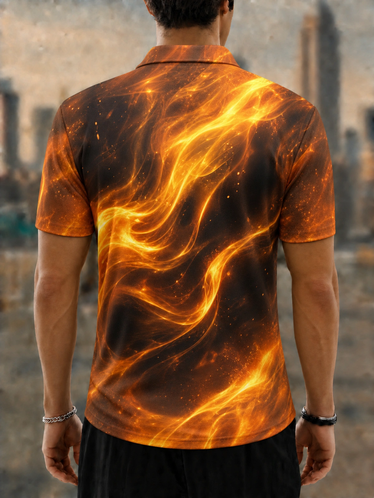 Moisture Wicking Golf Polo 3D Orange Flame Smoke Particle Button Short Sleeve Golf Polo Shirt