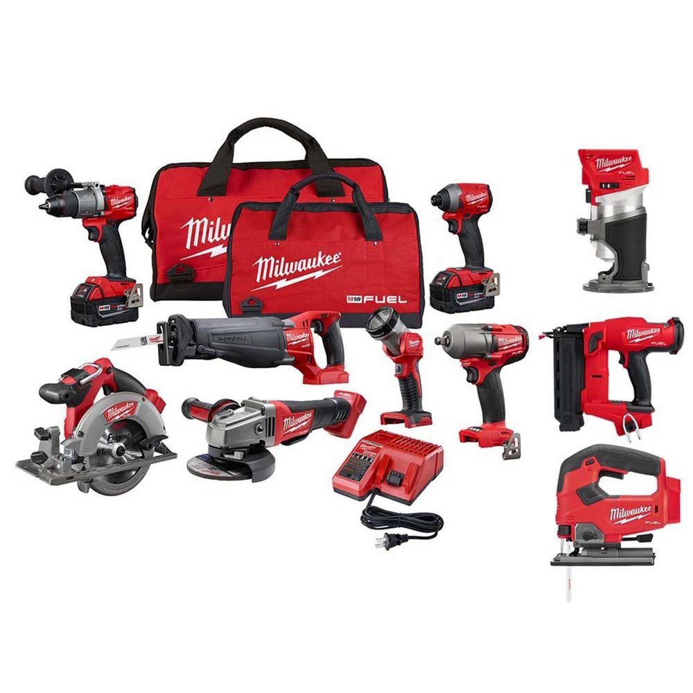 2026 Milwaukee M18 FUEL 18-Volt Lithium-Ion Brushless Cordless Combo Kit (10-Tool) W/(2) 5.0 Ah Batteries, (1) Charger, (2) Tool Bags