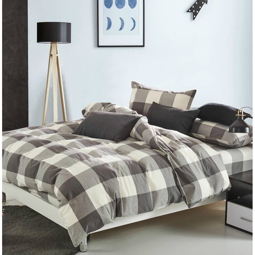 Copper Grove Gyumri Cotton Plaid Windowpane Check 3-Piece Duvet Cover Set Sapphire Queen (92x22 x 90x22), Queen