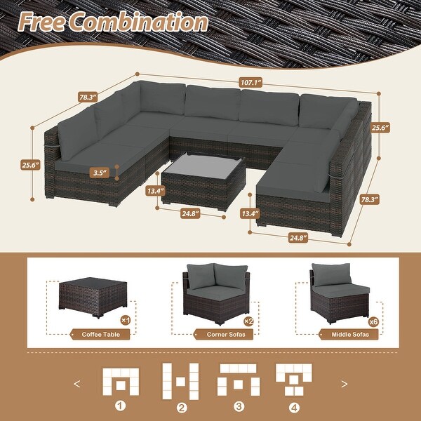 UPHA 9piece Cushioned Wicker Patio Conversation Seating Set