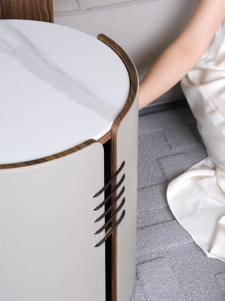 YA024 - H Glacier Grey Italian Saddle Leather Marble Coffee Table Bedside Cabinet: Modern, Simple, Luxurious