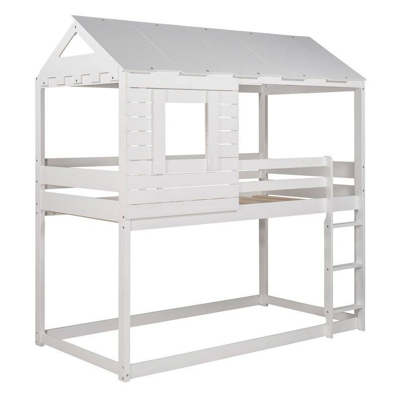 [Pre-Sale]Twin Over Twin Solid Wood Loft Bed,Bunk Bed with Roof,Window,Guardrail and Ladder - Antique White