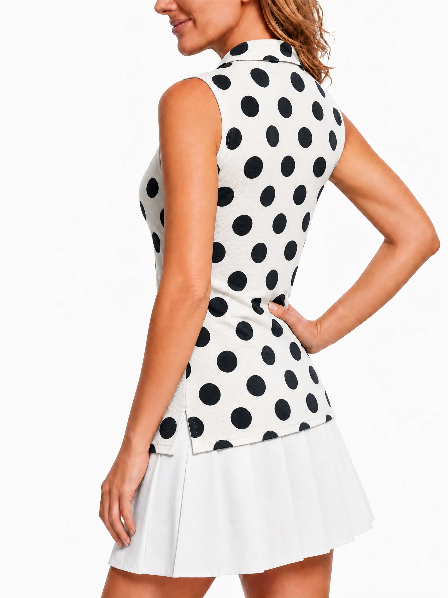 Women Sleeveless Quick Dry Golf Polo Shirt, Black White Big Polka Dot Print