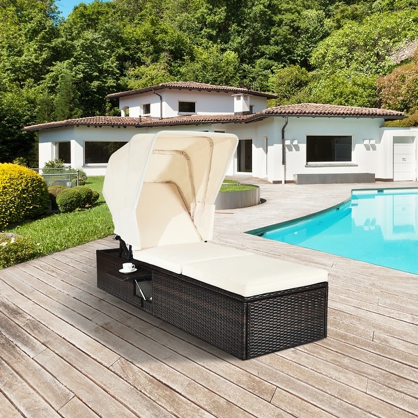 Gymax 2pcs Rattan Lounge Cushioned Chair W/Adjustable Canopy Patio