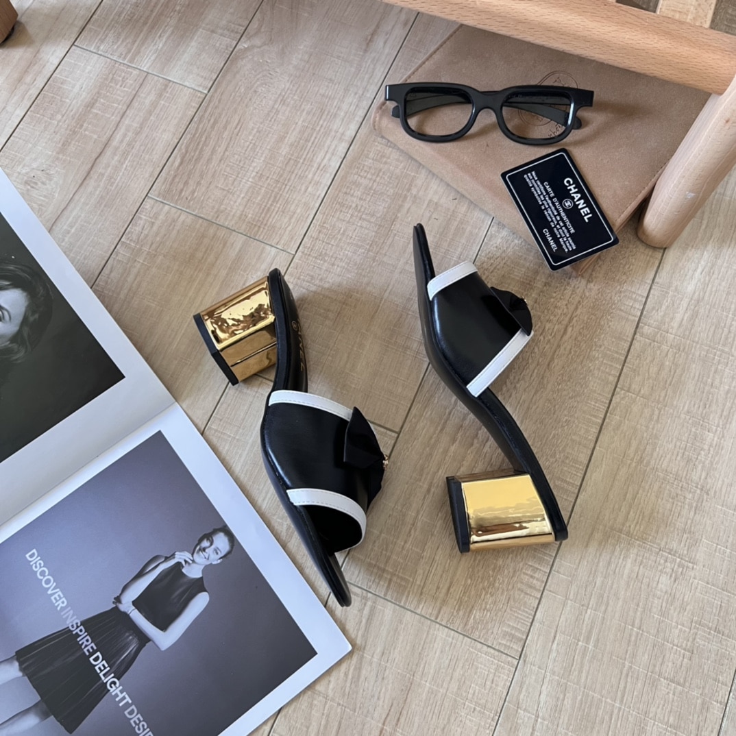 Chanel Grosgrain Ribbon Bow Mule Leather Gold Black