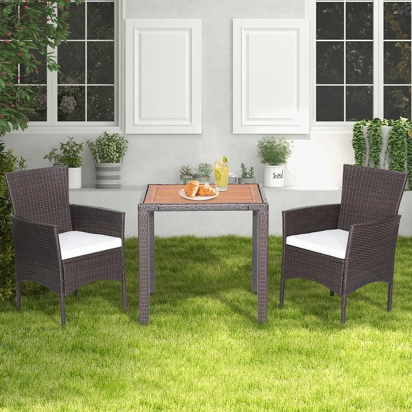 Costway 3PCS Patio Wicker Dining Set Acacia Wood Table Top with