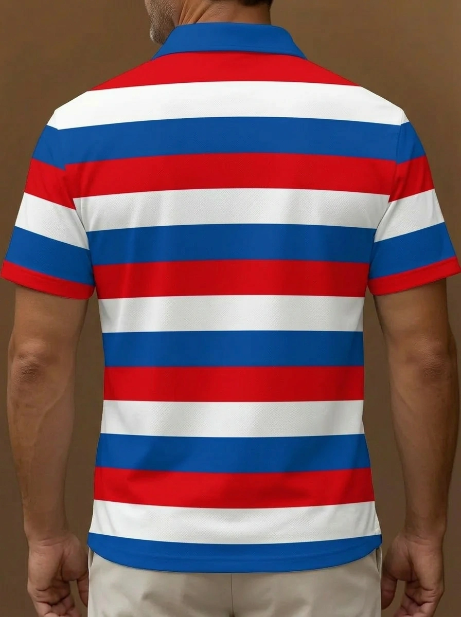 Blue Red White Horizontal Stripe Pattern Button Short Sleeve Golf Polo Shirt