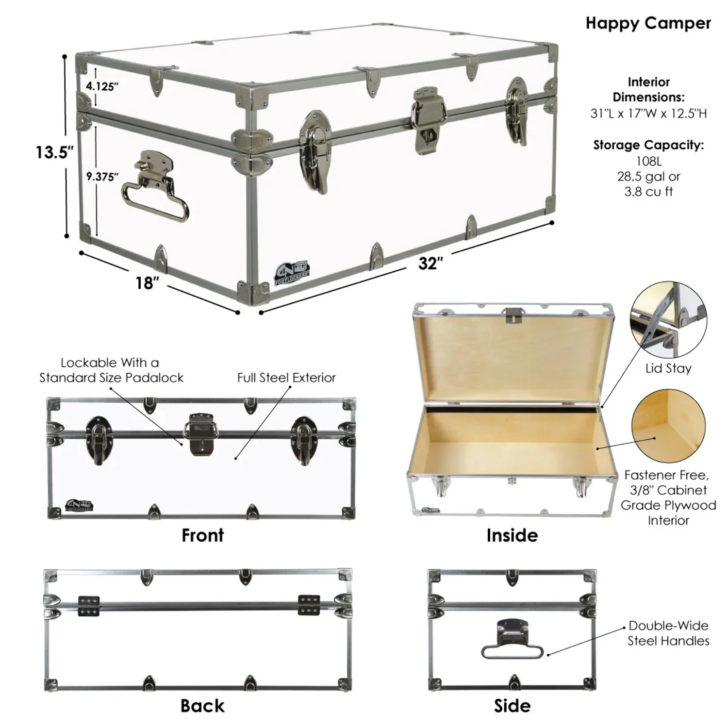 Happy Camper Steel Footlocker Trunk 32x18x13.5