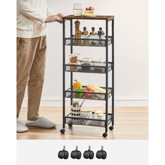 Vasagle 5 tier Storage Cart Slim Rolling Car Narrow Cart With Handle Rustic Brown And Black
