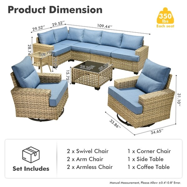 OVIOS 9 Pieces T shaped Seat Wide Armrest Swivel Chair Set With SolarPowered Table
