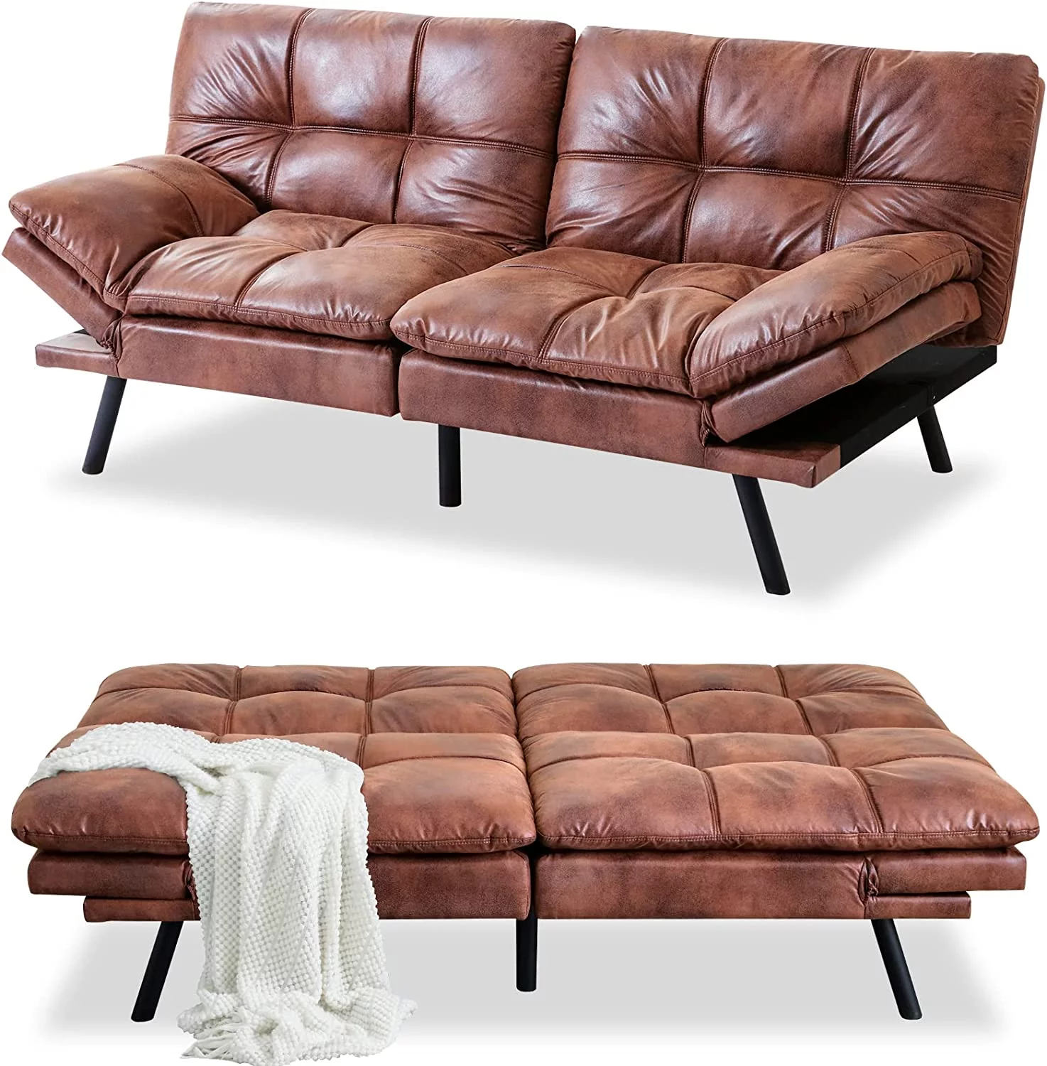 RUNFAYBIU Futon Sofa Bed Memory Foam Futon Couch Bed Sofa Sleeper Modern Convertible Faux Leather Futon for Living Room Small Love seat for Apartment Office w/Adjustable Armrests Backrest