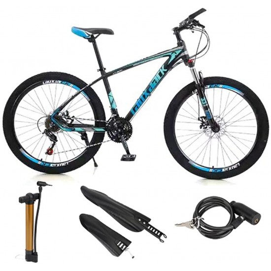 Mens Mountain Bike 27.5-Inch Wheels, Aluminum Frame, 21 Speed Thumb Shifter, Front Suspension, Dual Disc Brakes Women Adult Bicycles Blue-Black w/mudguards, Bike Lock, Air Pump