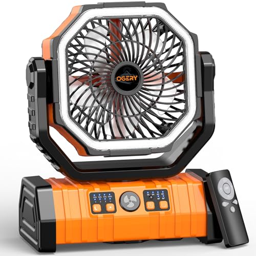 OGERY 20000mAh Rechargeable Camping Fan with LED Lantern, Portable Battery Powered Fan, Remote & Oscillating - 4 Speed for Tent, Travel, Bedroom, Car, Outdoor Camping Essentials