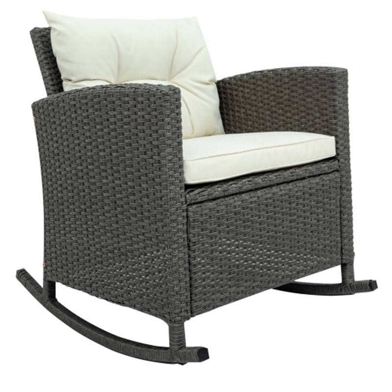 3 Piece Wicker Rattan Set with Rocking Chair,Glass-Top Table Beige