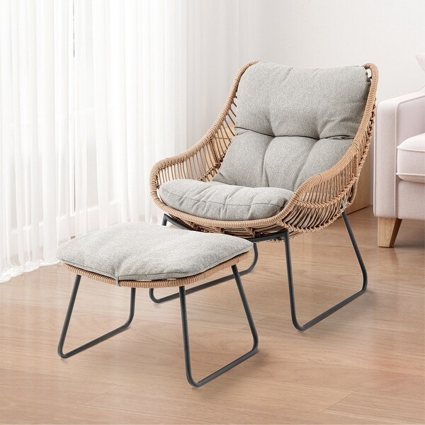 Outdoor Deep Seating Wicker Set with Cushion and Ottoman (Set of 2)