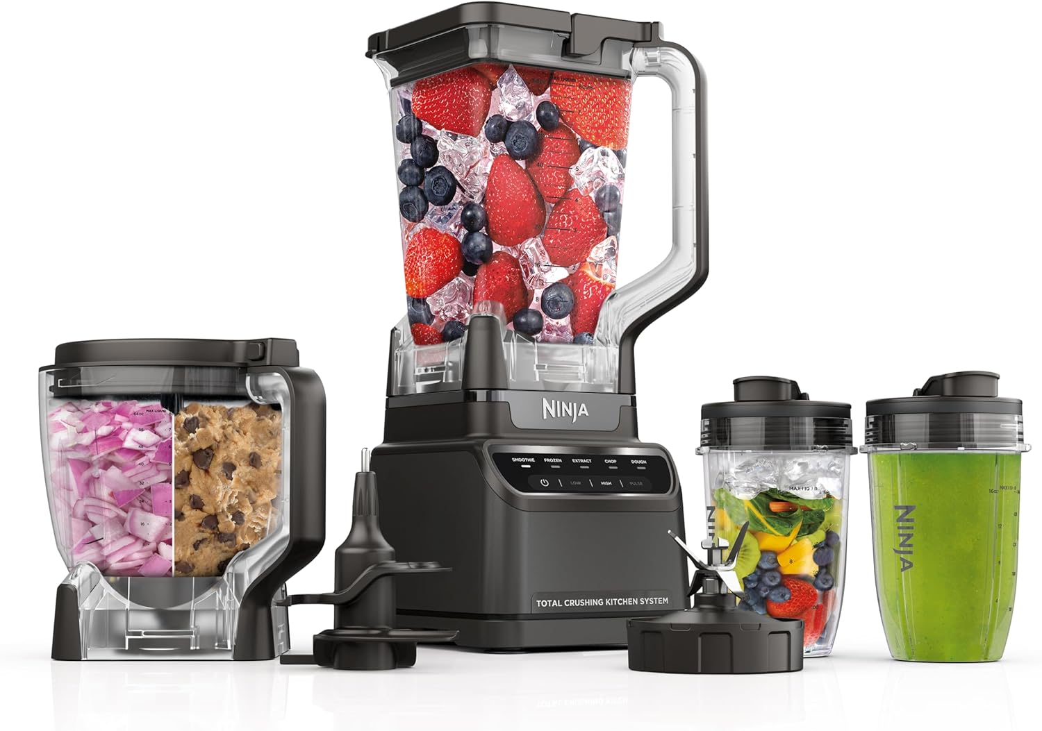 Mega Kitchen System, 1500W, 4 Functions for Smoothies, Processing, Dough, Drinks & More, with 72-oz.* Blender Pitcher, 64-oz. Processor Bowl, (2) 16-oz. To-Go Cups & (2) Lids, Black