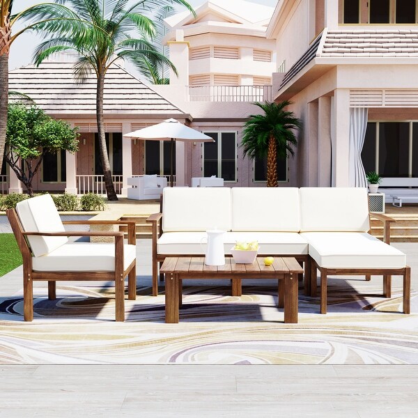 Outdoor Patio Wooden Frame Sofa Conversation Sets with Wood Table and Cushions,Suitable for Gardens,Backyards and Balconies