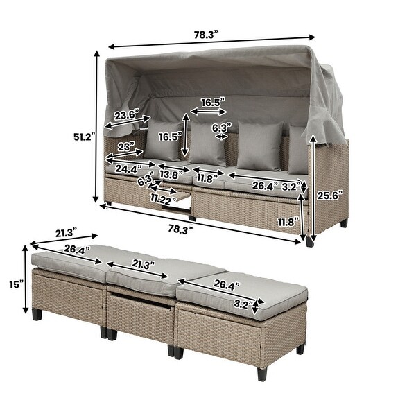 4 Piece Wicker Patio Sofa Set with Retractable Canopy and Lifting Table