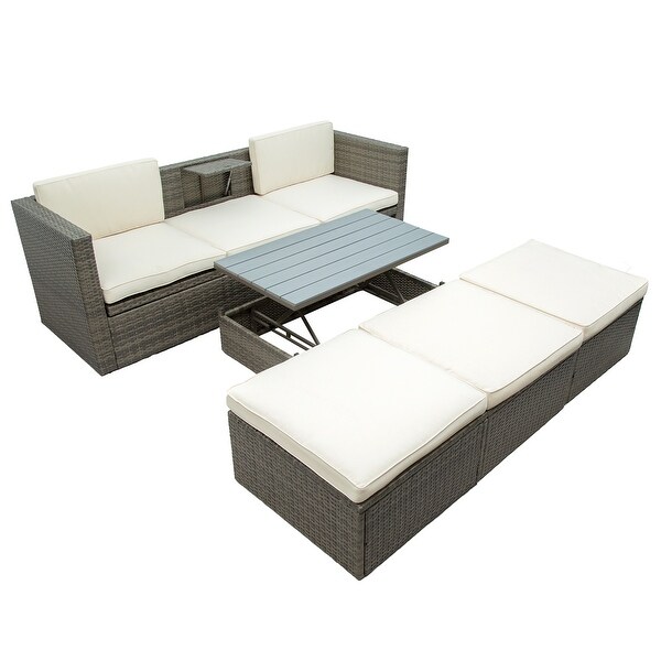 Roomfitters Patio Furniture Set,5Piece Wicker Sofa with Adjustable Backrest,Cushions,Ottomans,LiftTop Coffee Table