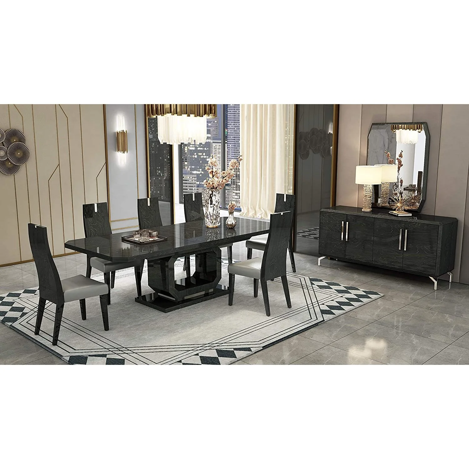 Whiteline Modern Living Los Angeles Extendable Dining Table, High Gloss Grey with a geometric design