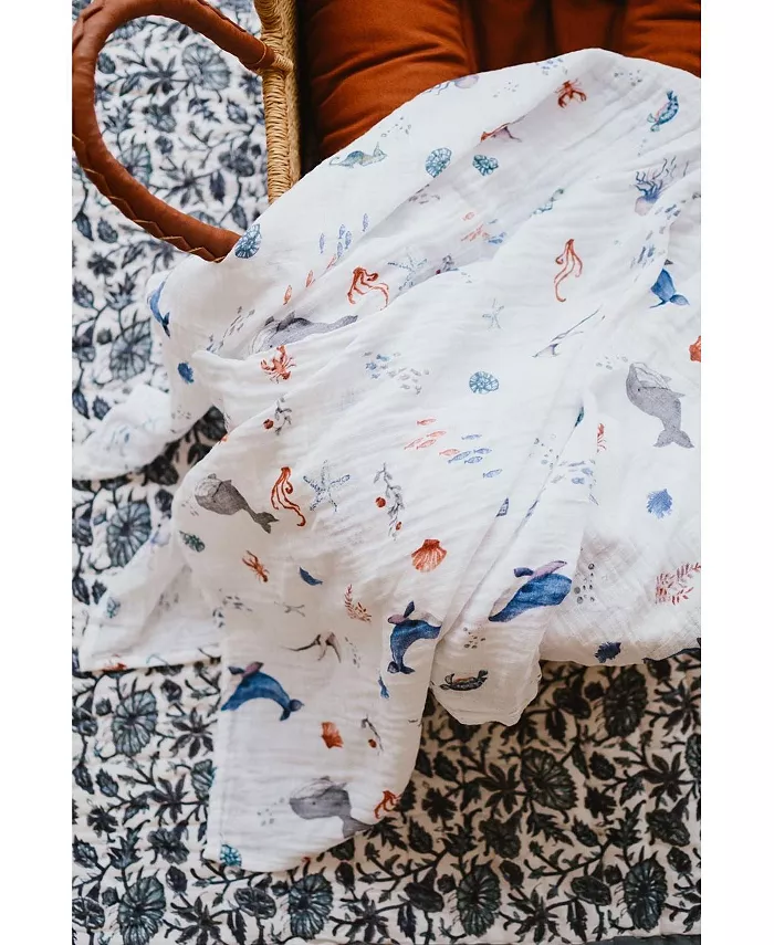 Malabar Baby GOTS Certified Organic Cotton Muslin Swaddle, Under The Sea