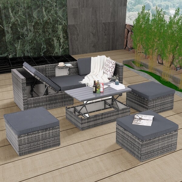MultiFunctional Patio Sectional Furniture Set,5 Set PE Wicker Lounger Sofa Set with Adjustable Seat and Lift Coffee Table