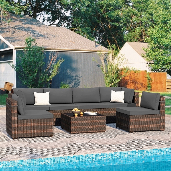 Patio Watcher Morden Outdoor 7Piece Rattan Wicker Sectional Set Suit for Backyard
