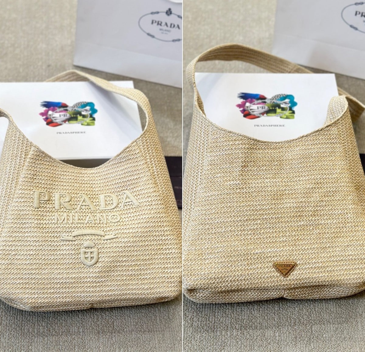 Prada Logo Embossed Raffia Shoulder Bag Beige 33Cm