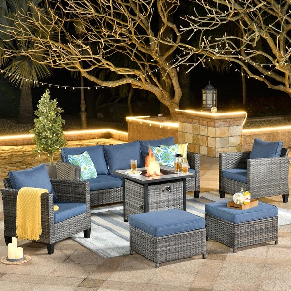 OVIOS 6piece Patio Outdoor Wicker Conversation Set With Fire Pit