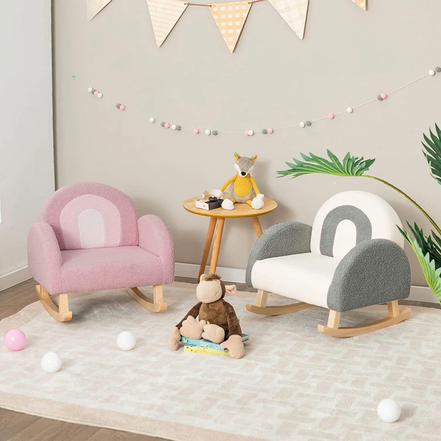 Kids Sofa, Toddler Rocking Chair with Solid Wooden Frame, Anti-Tipping Design, Plush Fabric, Children Armchair for Nursery Kindergarten Playroom Preschool, Gift for Boys Girls (Pink)