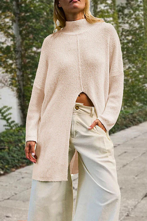 Slit Front Mock Neck Sweater | Relaxed Fit KnitClistos