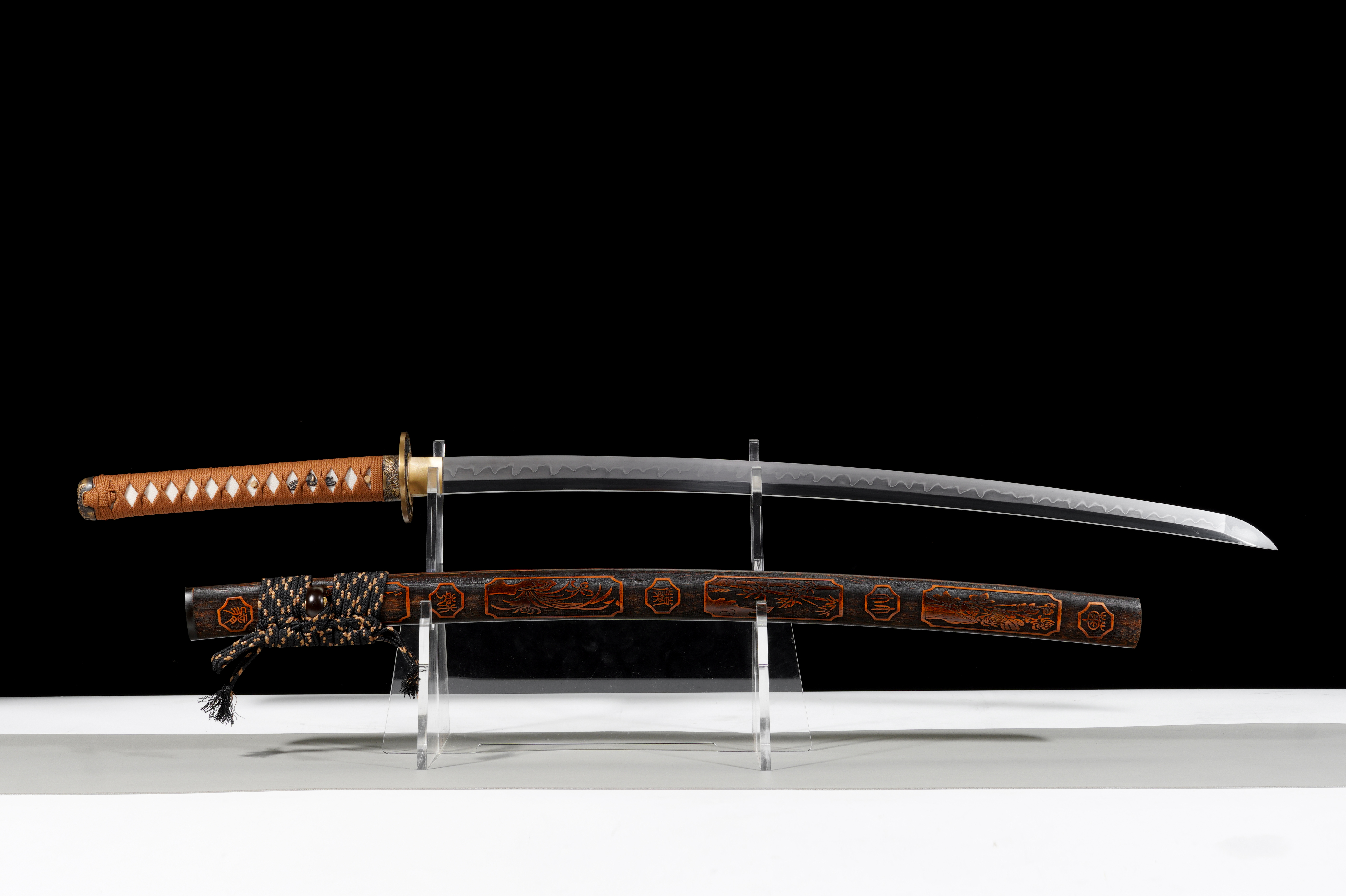 Handmade Katana T10 Steel Clay Tempered Four Gentlemen Saya Full Tang