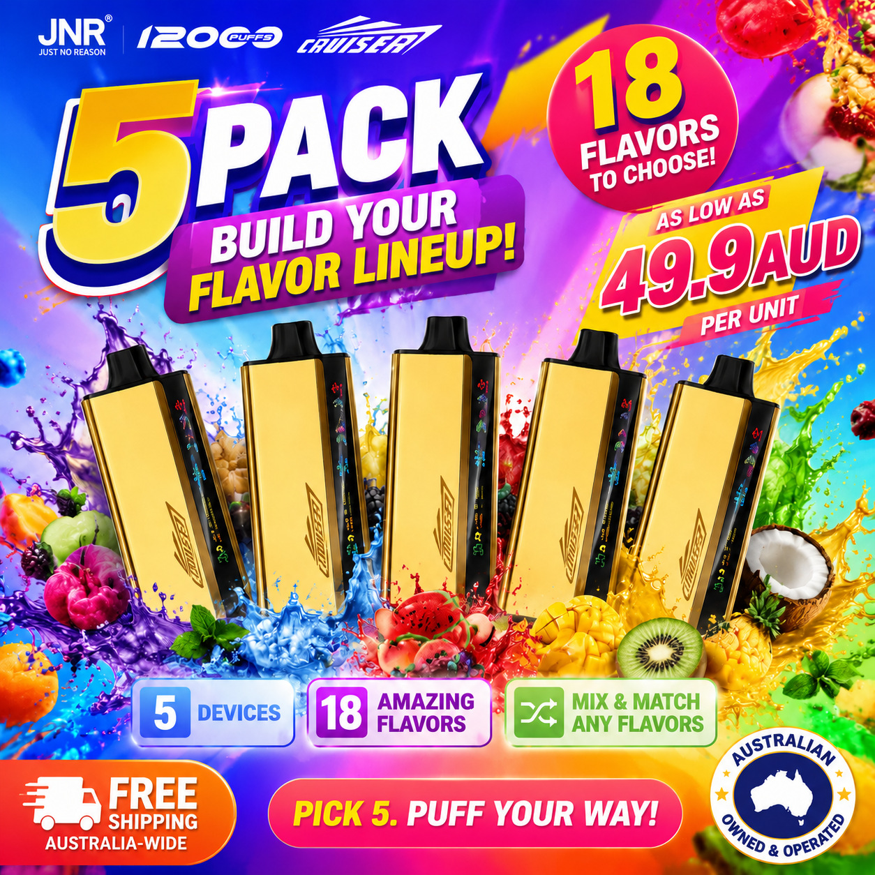Free shipping, as low as 48.5 AU per piece 5/10/20/30-piece pack JNR Cruiser 12000 puffs Multiple flavors(Ship from Australia)