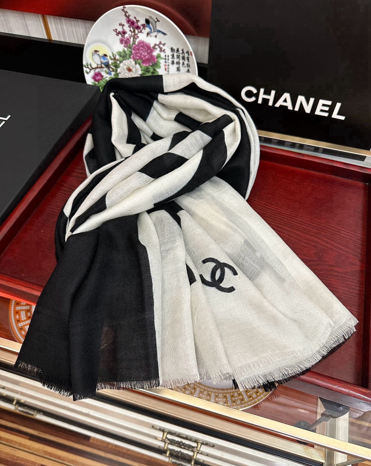 Chanel Silk Shawl CC Logo Colorblock Black – White For Women 200cm