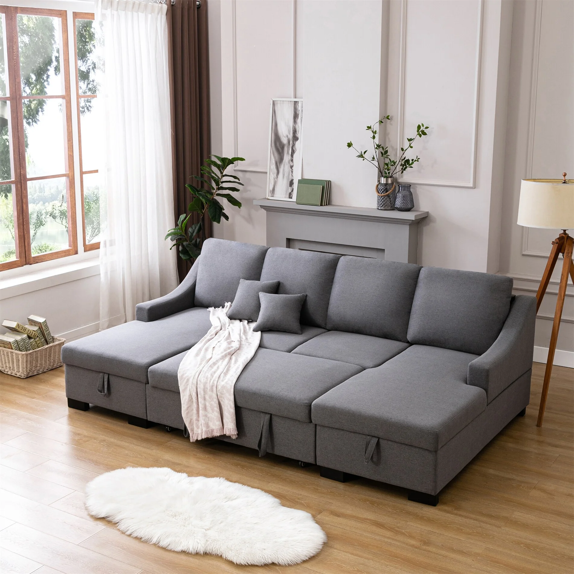 BESTCOSTY Upholstery Sleeper Sofa with Double Storage Spaces, 2 Tossing Cushions