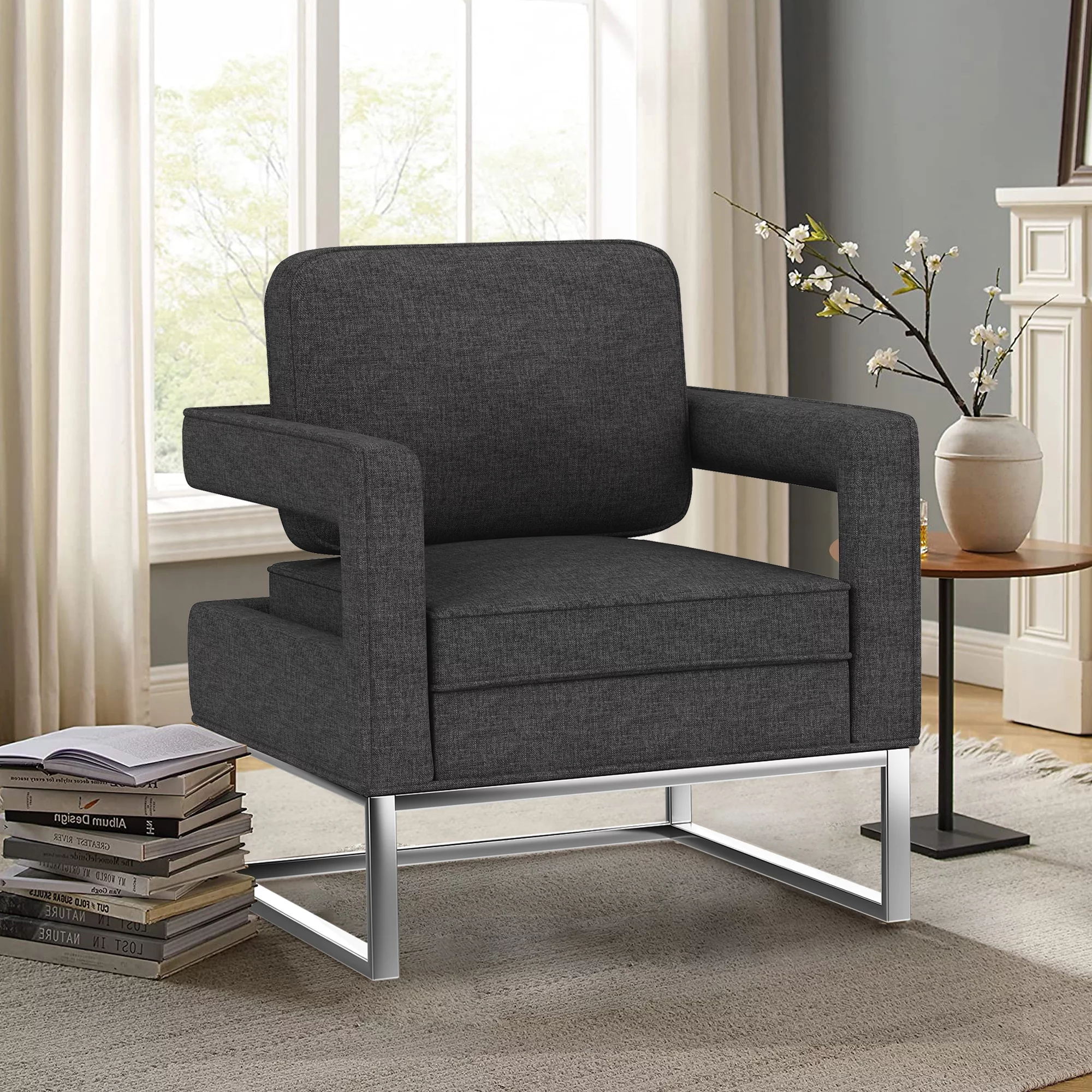 Andeworld Accent Chair, Mid Century Living Room Armchair Upholstered Modern Sofa Chairs for Reading,Lounging, Living Room Bedroom Apartment (Black)