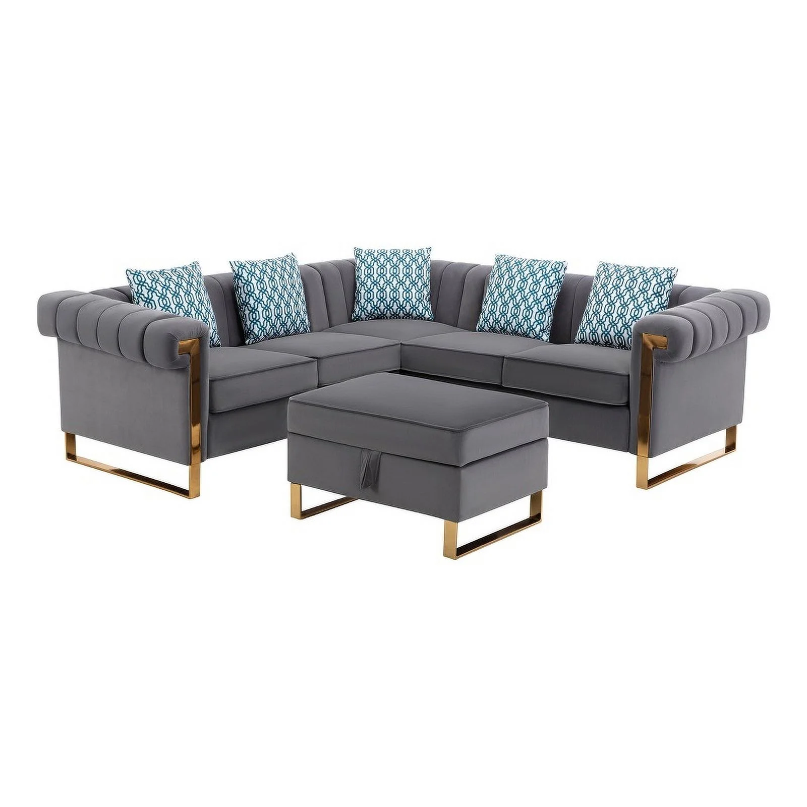 Pemberly Row Gray Velvet 5-Seater Sectional Sofa with Storage Ottoman