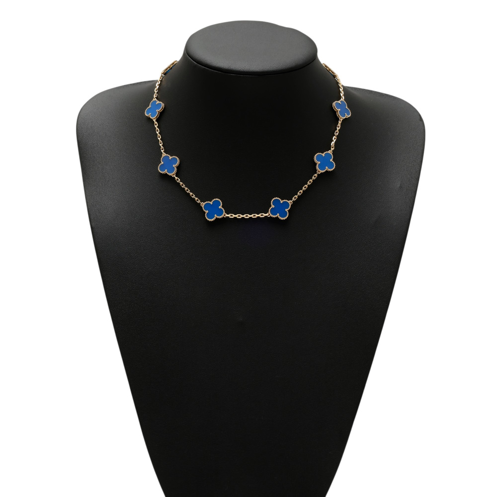 Van Cleef & Arpels Vintage Alhambra 10 Motifs Necklace 18K Yellow Gold Blue Agate VCARP34800