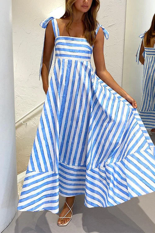 Striped Tie Strap Maxi Dress with PocketsClistos
