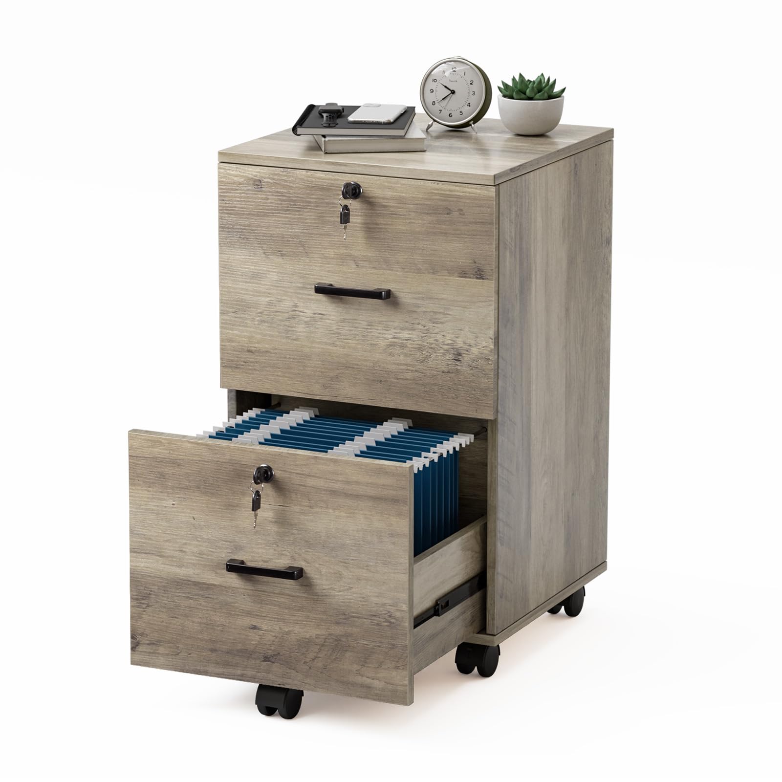 VINGLI Rustic Gray Rolling File Cabinet with Lock, 2-Drawer Storage for A4/Letter Folders, Home Office Use