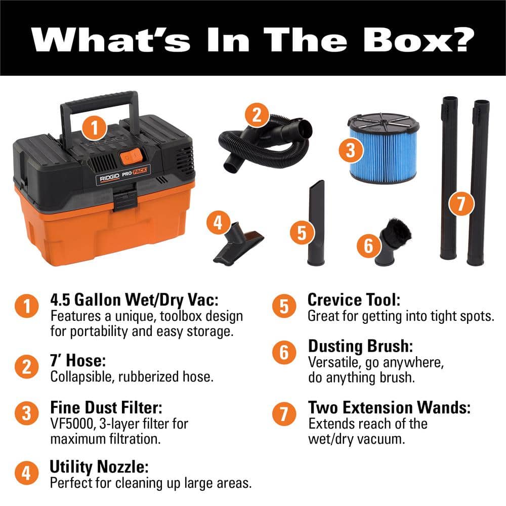 Ridgid 4.5 Gallon 5.0 Peak HP ProPack Wet/Dry Shop Vacuum with Fine Dust Filter, Expandable Locking Hose and Accessories WD4522